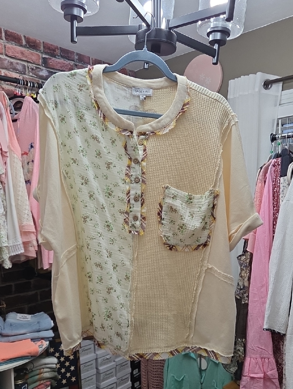 Sage + Fig Cream Mixed-Panel Short Sleeve Top